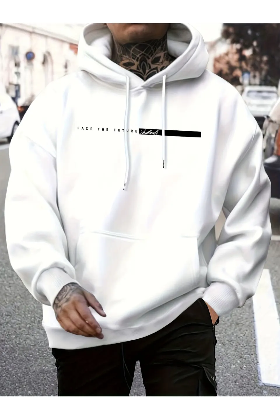 Unisex Oversize Kapüşonlu Sweatshirt Face The Future - Beyaz