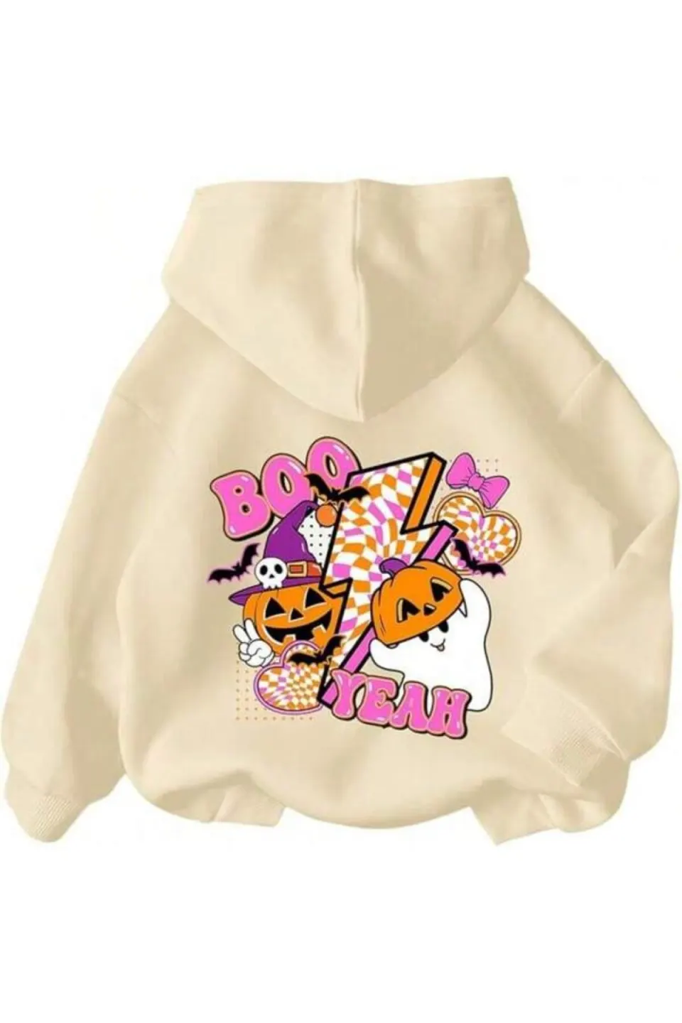 Cadılar Bayramı Baskılı Unisex Kapüşonlu Sweatshirt - Bej