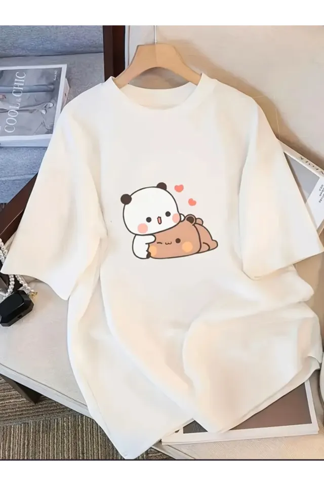 AYI Baskılı Oversize Bisiklet Yaka T-Shirt - Beyaz
