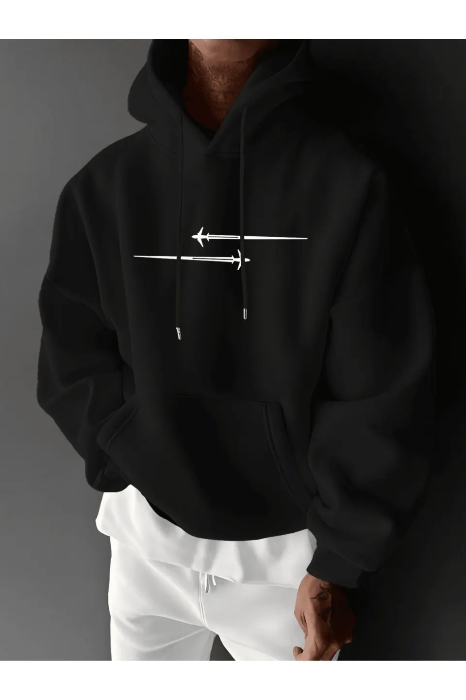 Unisex Oversize Kapüşonlu Sweatshirt Uçak Desenli - Siyah