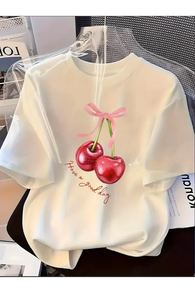 Özel Baskılı Oversize Bisiklet Yaka T-Shirt - Beyaz