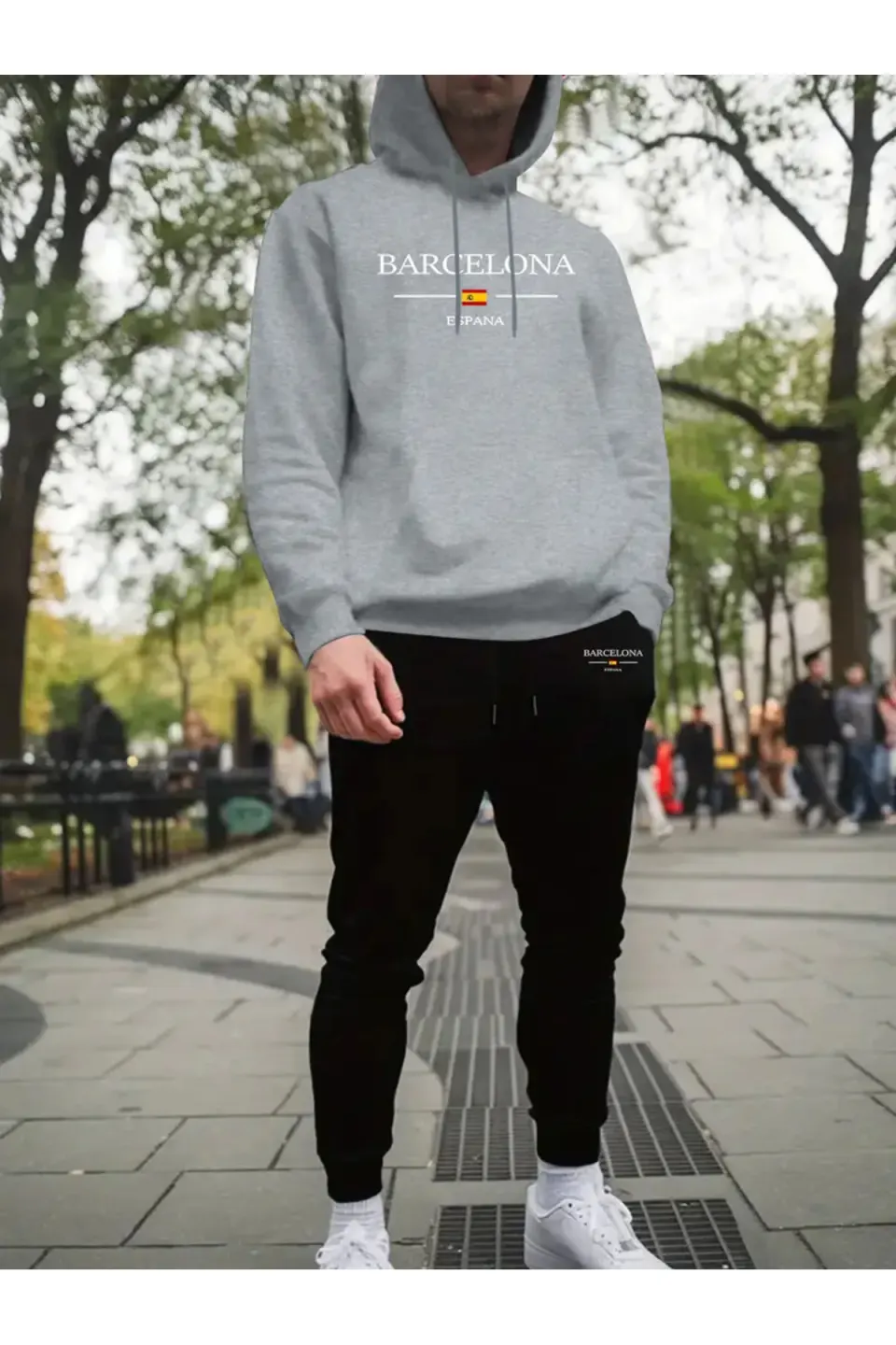 Unisex Barcelona España Kapüşonlu Sweatshirt + Jogger Eşofman Takımı - Gri